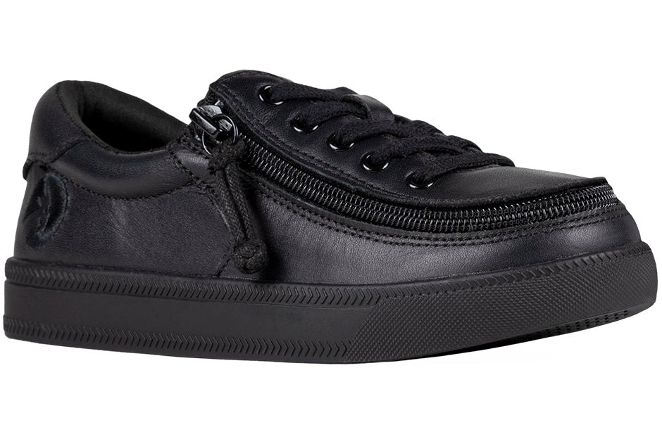 Kid's Black to the Floor Leather BILLY Classic Lace Lows, zipper shoes, like velcro, that are adaptive, accessible, inclusive and use universal design to accommodate an afo. BILLY Footwear is medium and wide width, M, D and EEE, are comfortable, and come in toddler, kids, mens, and womens sizing.