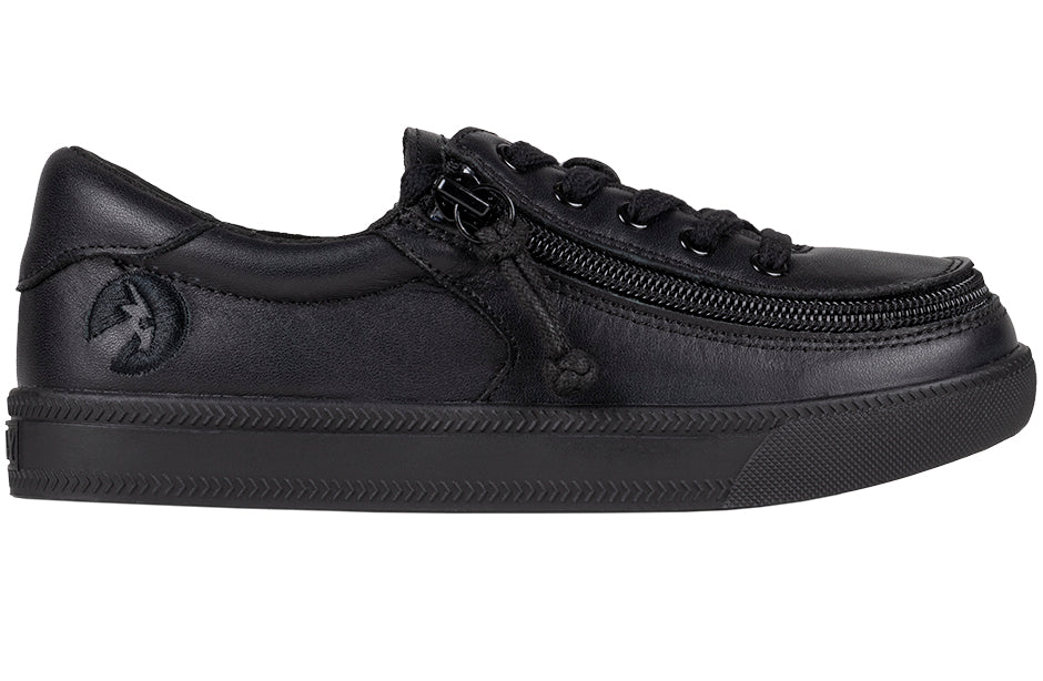 Kid's Black to the Floor Leather BILLY Classic Lace Lows, zipper shoes, like velcro, that are adaptive, accessible, inclusive and use universal design to accommodate an afo. BILLY Footwear is medium and wide width, M, D and EEE, are comfortable, and come in toddler, kids, mens, and womens sizing.