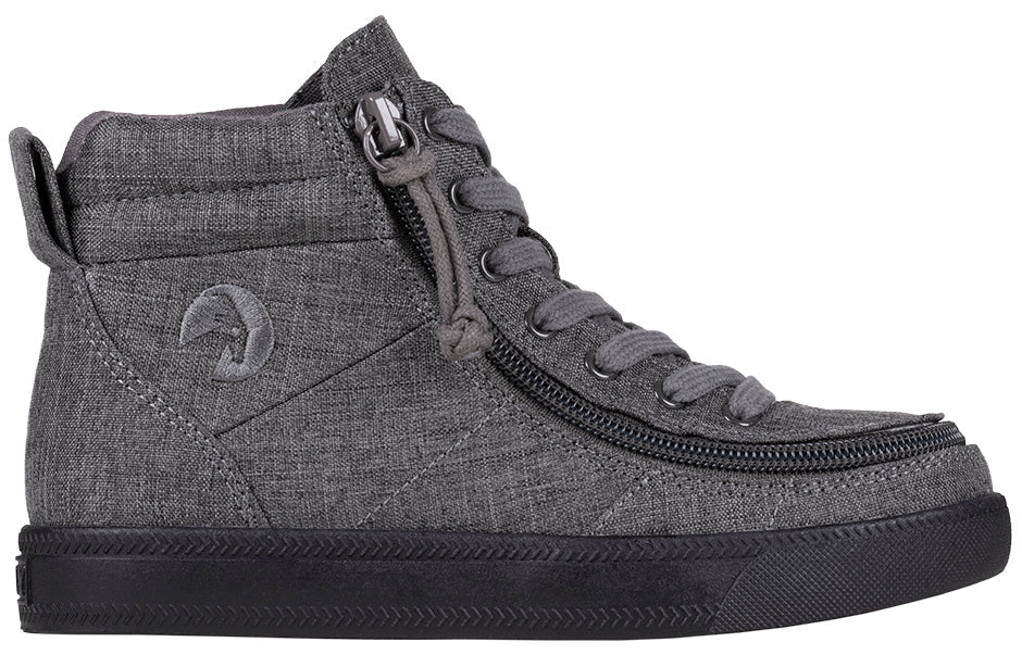 Kid's Charcoal Jersey BILLY Street High Tops, zipper shoes, like velcro, that are adaptive, accessible, inclusive and use universal design to accommodate an afo. BILLY Footwear comes in medium and wide width, M, D and EEE, are comfortable, and come in toddler, kids, mens, and womens sizing.