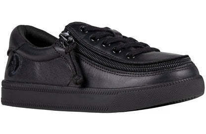 Kid's Black to the Floor Leather BILLY Classic Lace Lows, zipper shoes, like velcro, that are adaptive, accessible, inclusive and use universal design to accommodate an afo. BILLY Footwear is medium and wide width, M, D and EEE, are comfortable, and come in toddler, kids, mens, and womens sizing.
