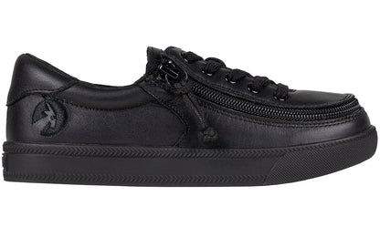 Kid's Black to the Floor Leather BILLY Classic Lace Lows, zipper shoes, like velcro, that are adaptive, accessible, inclusive and use universal design to accommodate an afo. BILLY Footwear is medium and wide width, M, D and EEE, are comfortable, and come in toddler, kids, mens, and womens sizing.