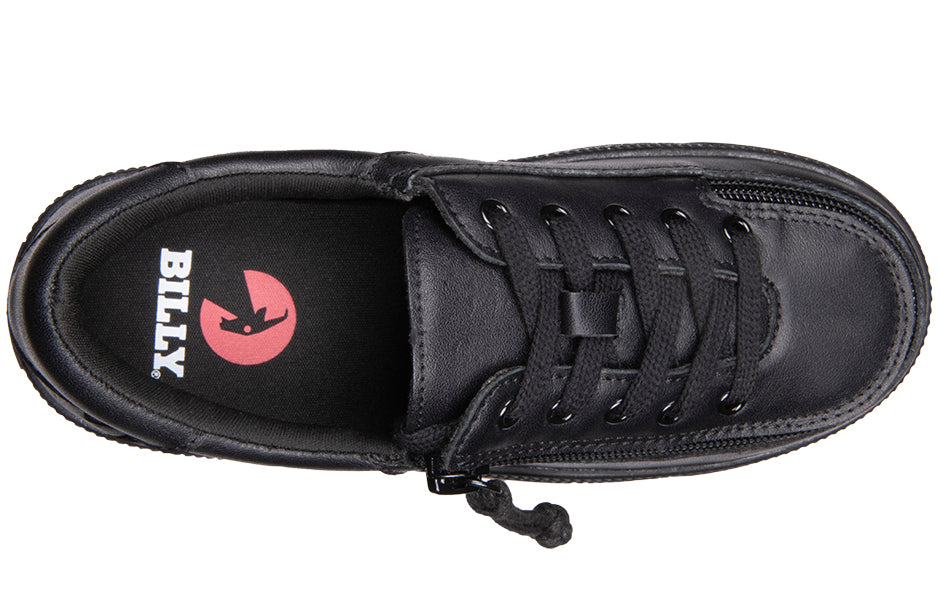 Kid's Black to the Floor Leather BILLY Classic Lace Lows, zipper shoes, like velcro, that are adaptive, accessible, inclusive and use universal design to accommodate an afo. BILLY Footwear is medium and wide width, M, D and EEE, are comfortable, and come in toddler, kids, mens, and womens sizing.