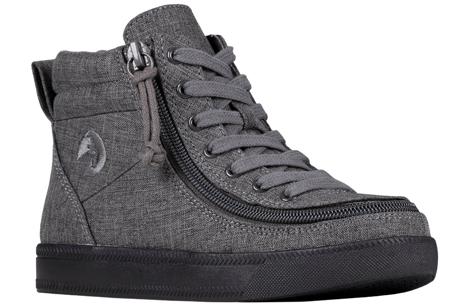 Kid's Charcoal Jersey BILLY Street High Tops, zipper shoes, like velcro, that are adaptive, accessible, inclusive and use universal design to accommodate an afo. BILLY Footwear comes in medium and wide width, M, D and EEE, are comfortable, and come in toddler, kids, mens, and womens sizing.