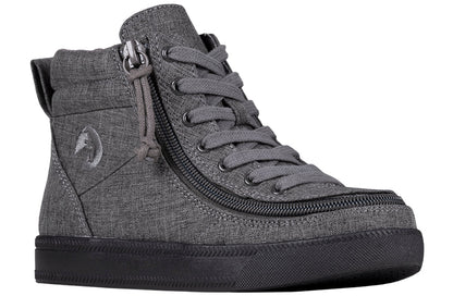 Kid's Charcoal Jersey BILLY Street High Tops, zipper shoes, like velcro, that are adaptive, accessible, inclusive and use universal design to accommodate an afo. BILLY Footwear comes in medium and wide width, M, D and EEE, are comfortable, and come in toddler, kids, mens, and womens sizing.